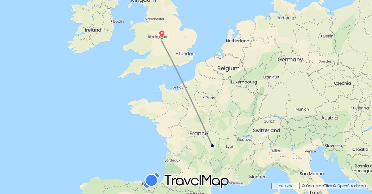 TravelMap itinerary: driving, bus, plane, train, hiking in France, United Kingdom (Europe)